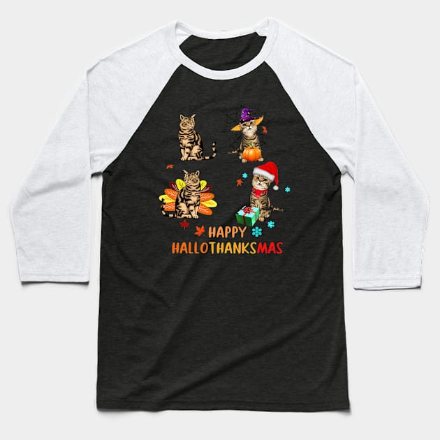 Cat Happy Hallothanksmas Baseball T-Shirt by Schoenberger Willard